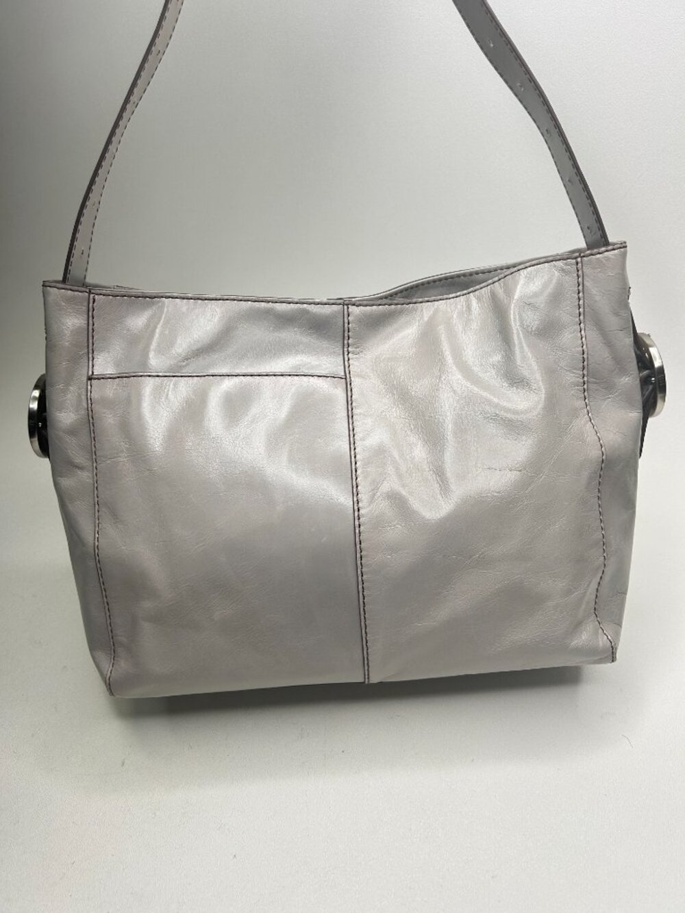 HOBO Int'l Render Shoulder Bag In Polished Leather Light Gray Retails $298